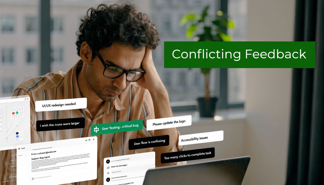 A stressed designer looking at a laptop screen surrounded by floating bubbles of conflicting user feedback.