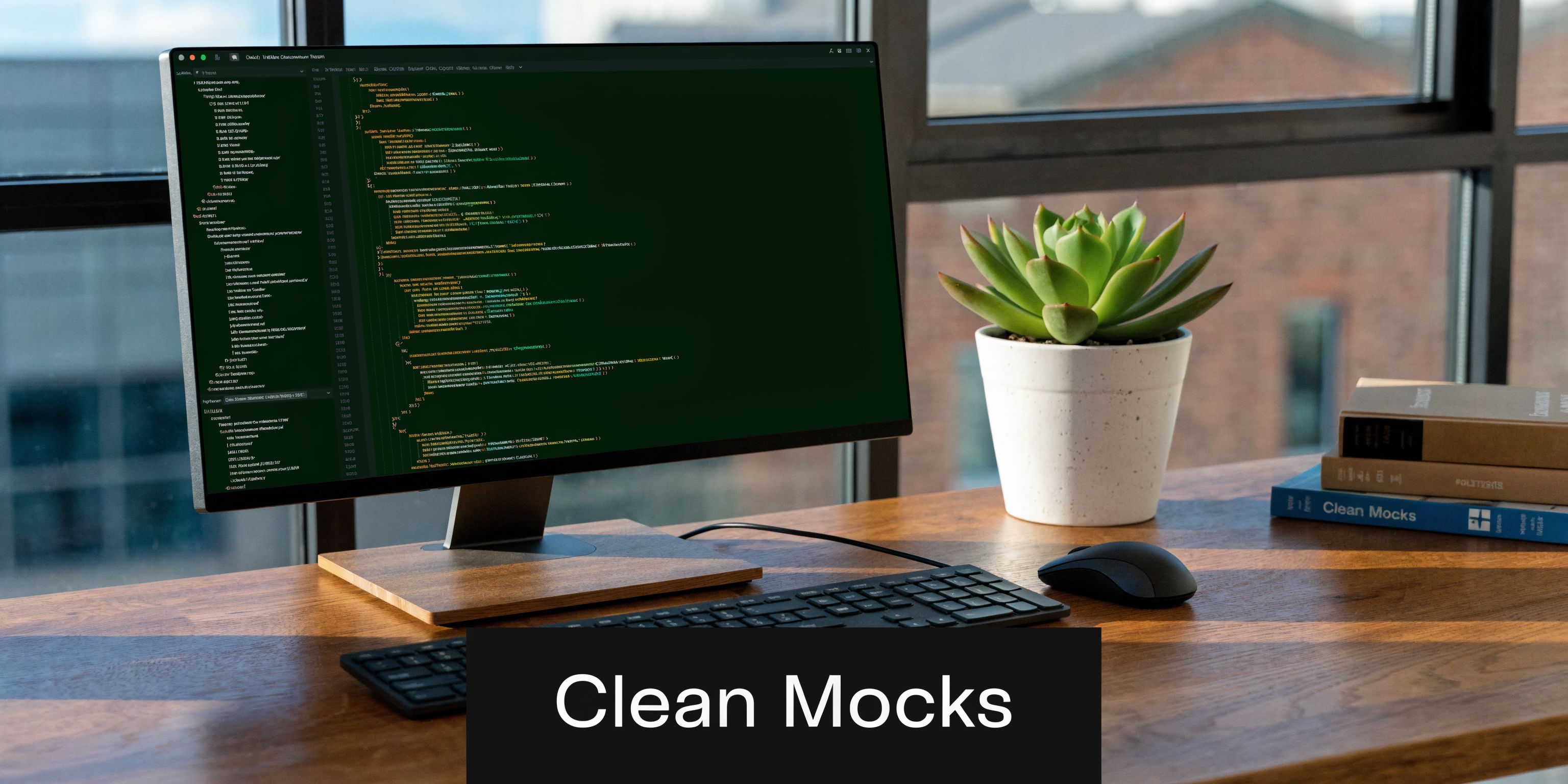 A sleek modern office desk with a computer monitor showing code, a succulent plant, and stack of books.