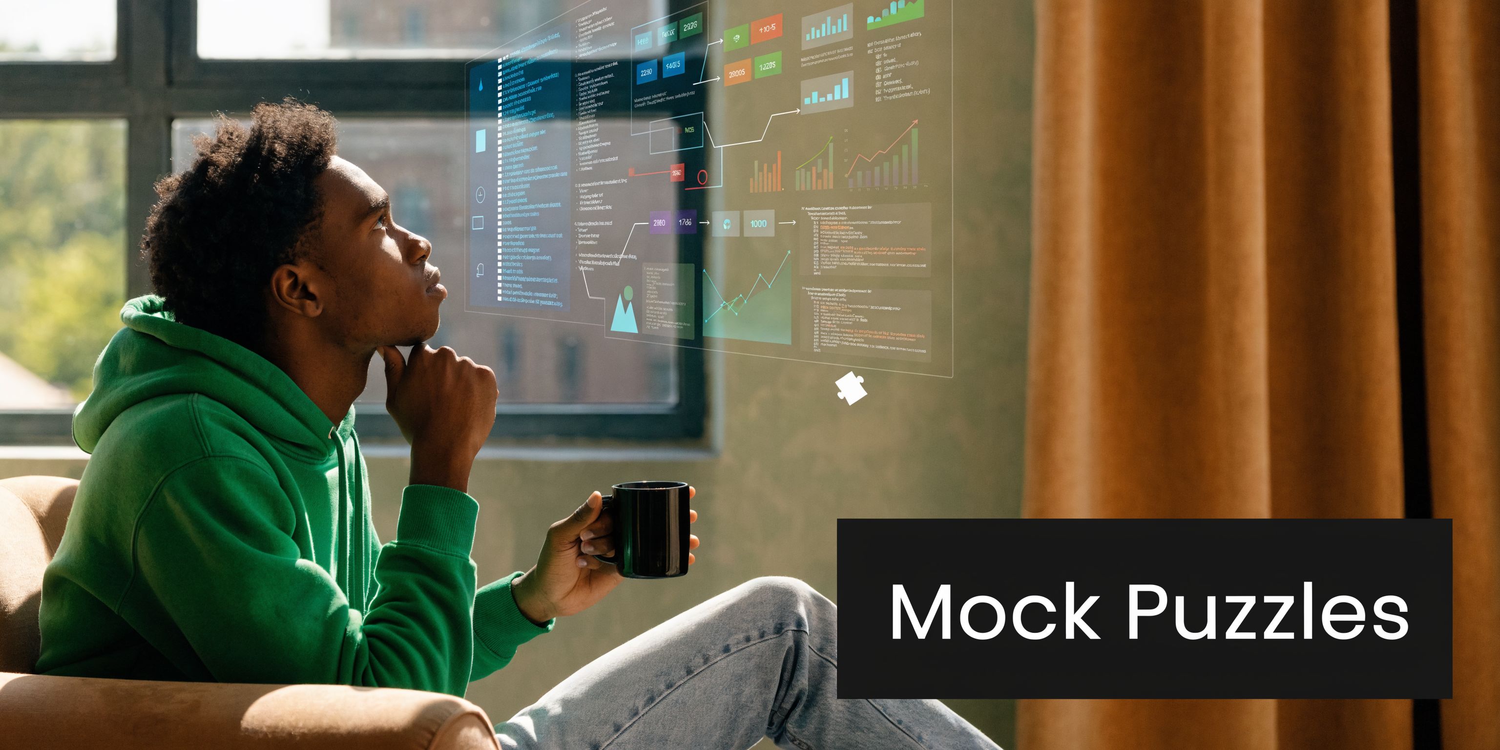 A young man sitting and contemplating while looking at a futuristic digital holographic data projection in a room.