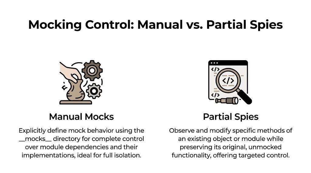 A diagram comparing Manual Mocks and Partial Spies for testing, highlighting their different levels of control.