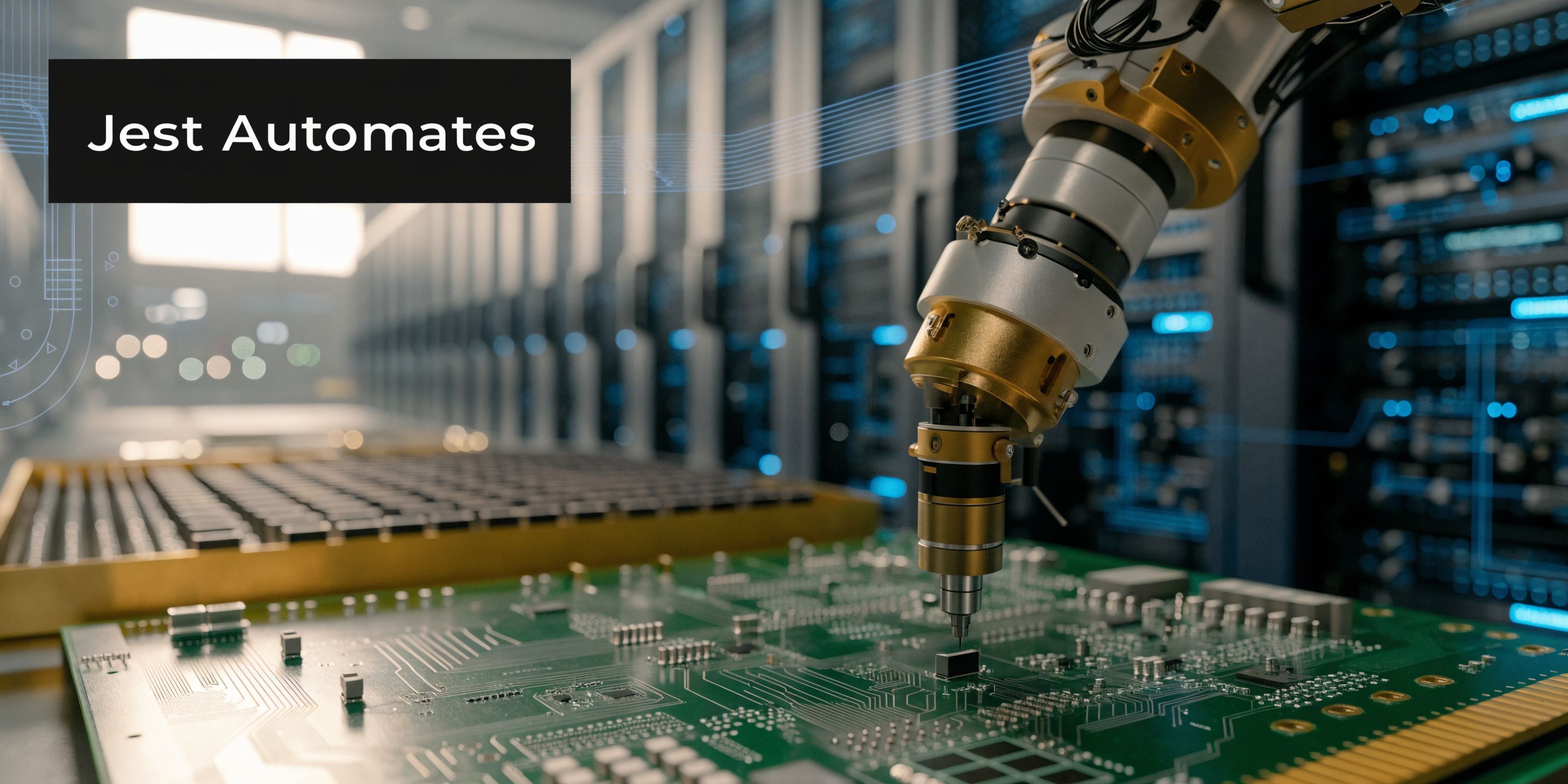 A robotic arm placing components on a circuit board in a high-tech data center environment.
