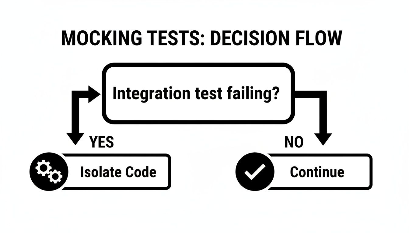 Flowchart titled 'Mocking Tests: Decision Flow' detailing actions based on integration test failure.