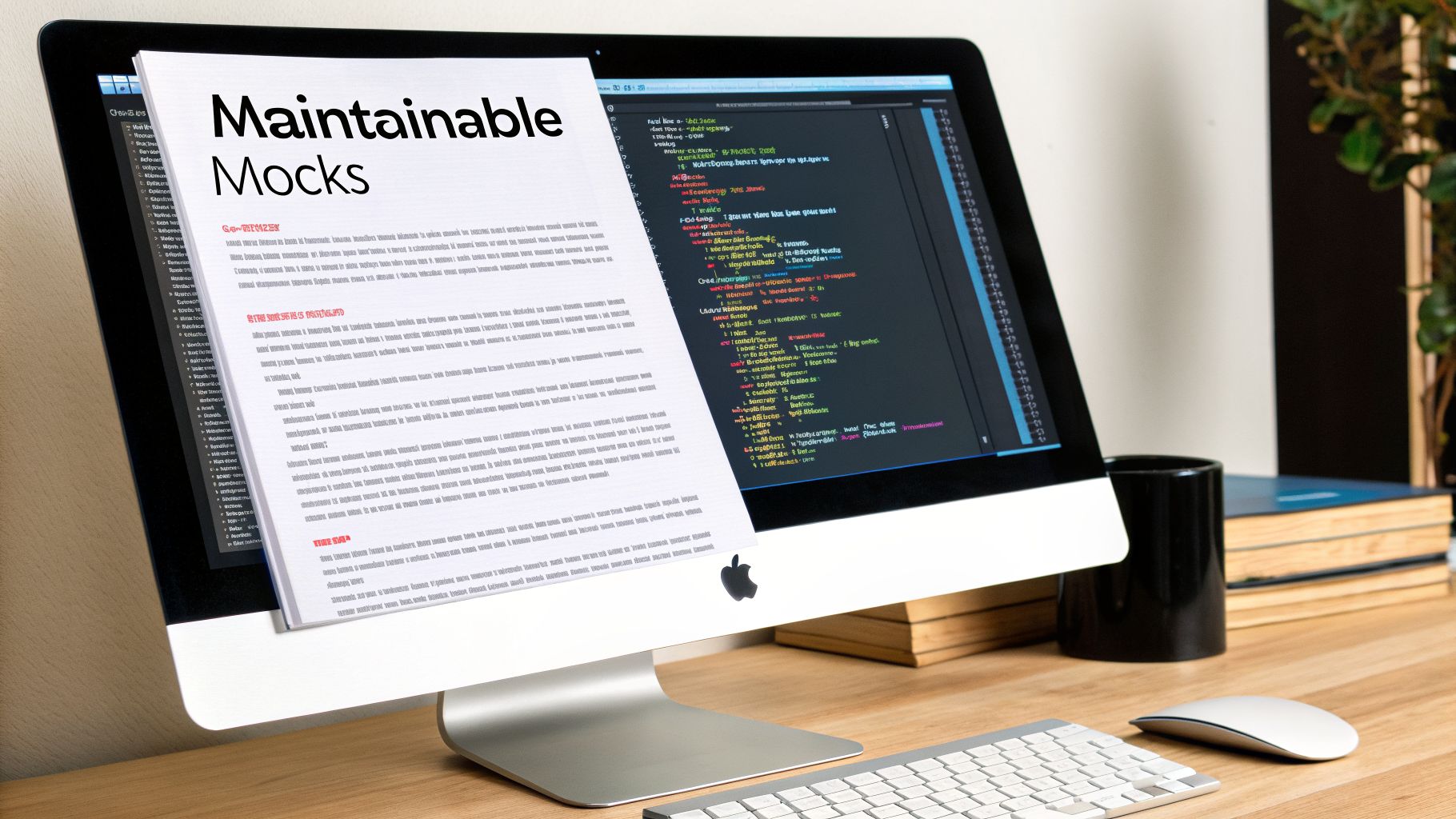 Desktop computer displaying a document titled 'Maintainable Mocks' and code, on a wooden desk.