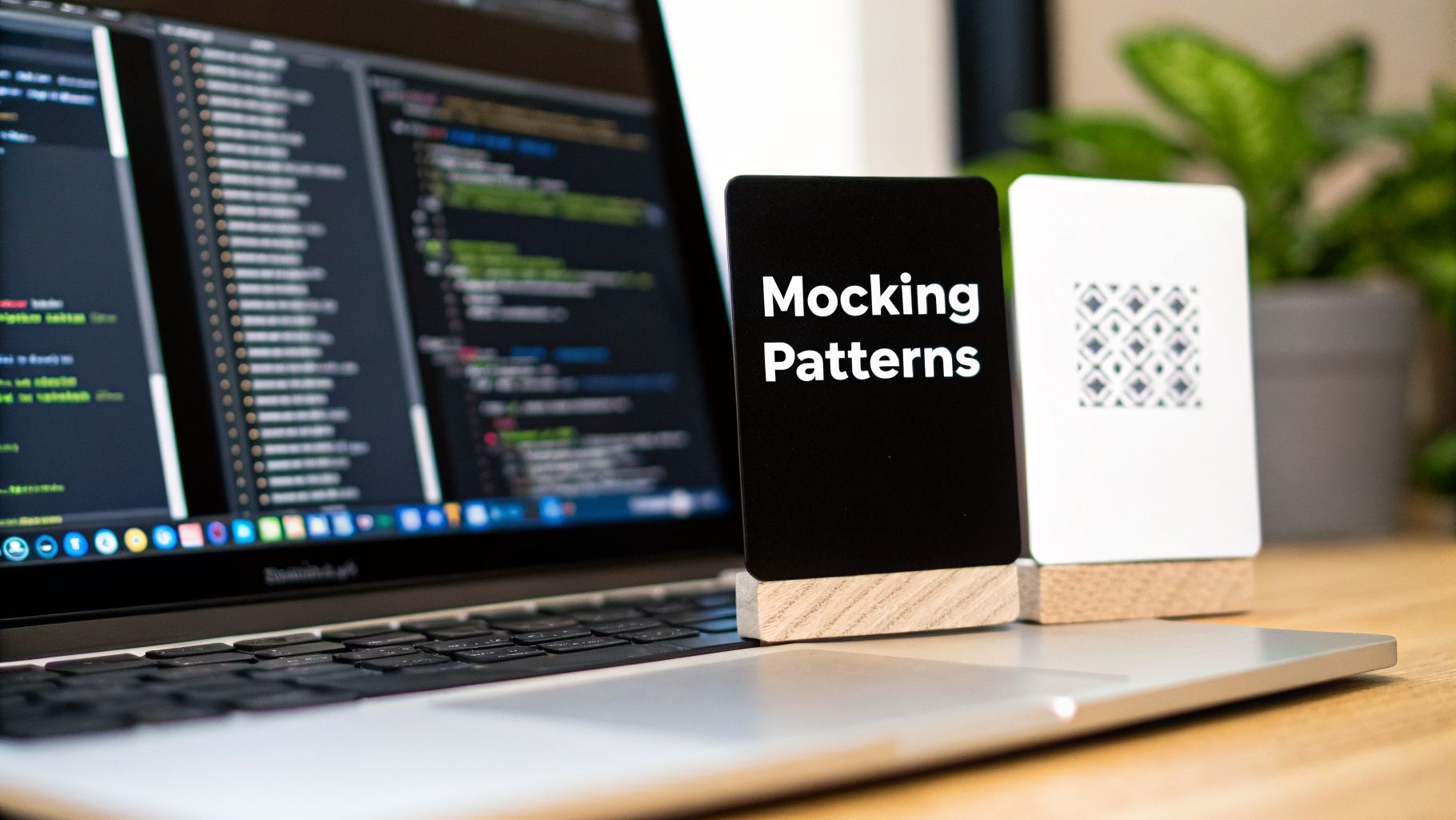 Close-up of a laptop with code on screen and two cards, one titled "Mocking Patterns".
