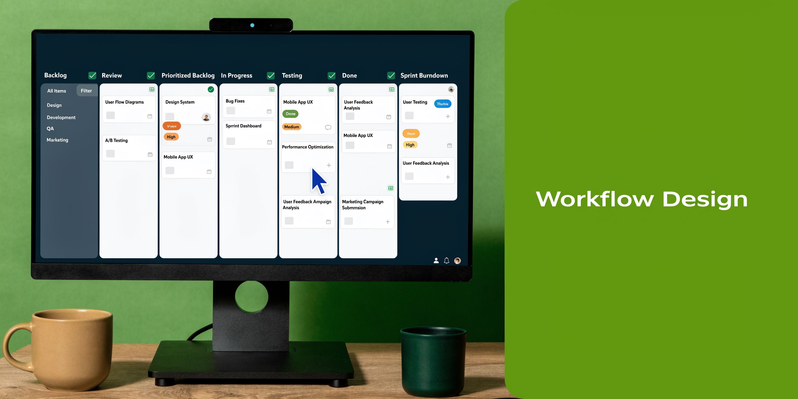 A computer monitor displaying a project management kanban board with tasks arranged in vertical workflow columns.