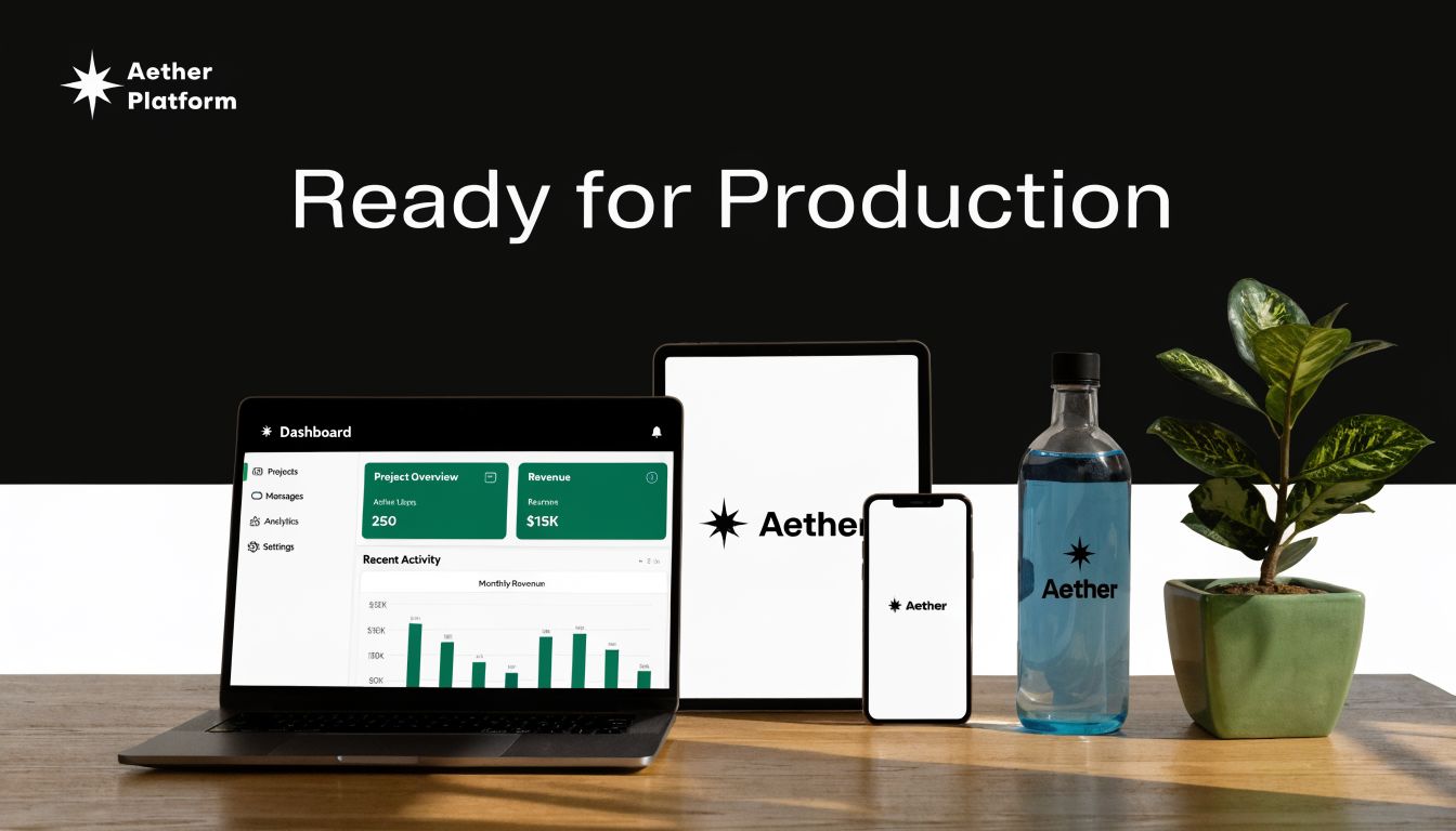 A professional desk setup with a laptop, tablet, phone, and water bottle displaying the Aether platform branding.