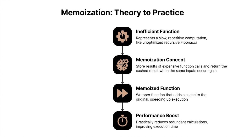 A flowchart diagram illustrating the steps of memoization, from an inefficient function to a performance boost.