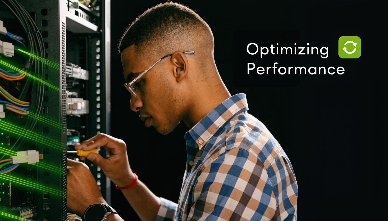 A technician wearing a plaid shirt works on server hardware to optimize system performance and efficiency.