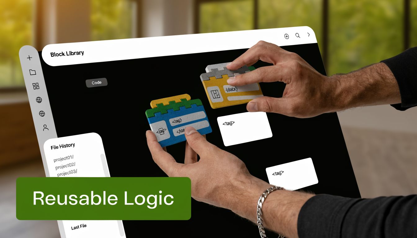 A person arranging 3D block components on a digital interface representing software development and reusable coding logic.