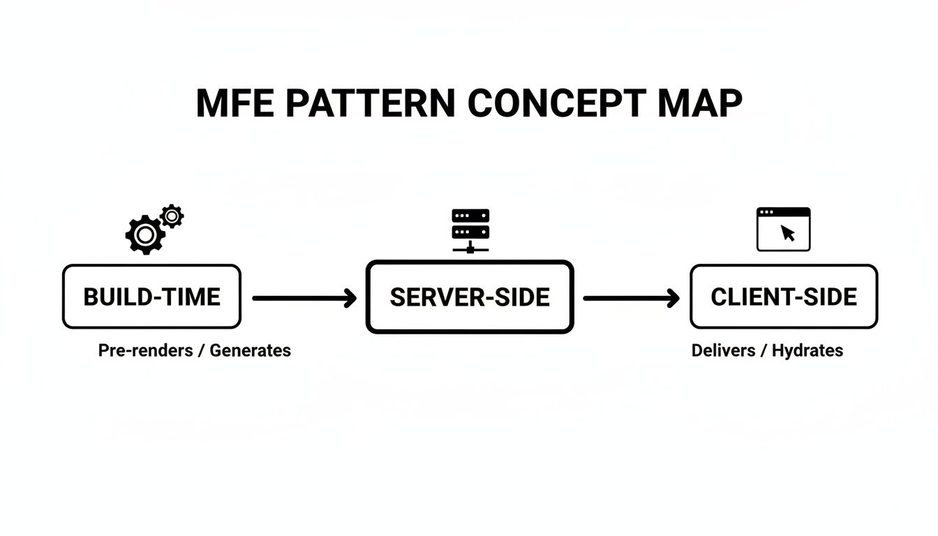 Concept map showing Micro Front End pattern from build-time generation to server-side delivery and client-side hydration.