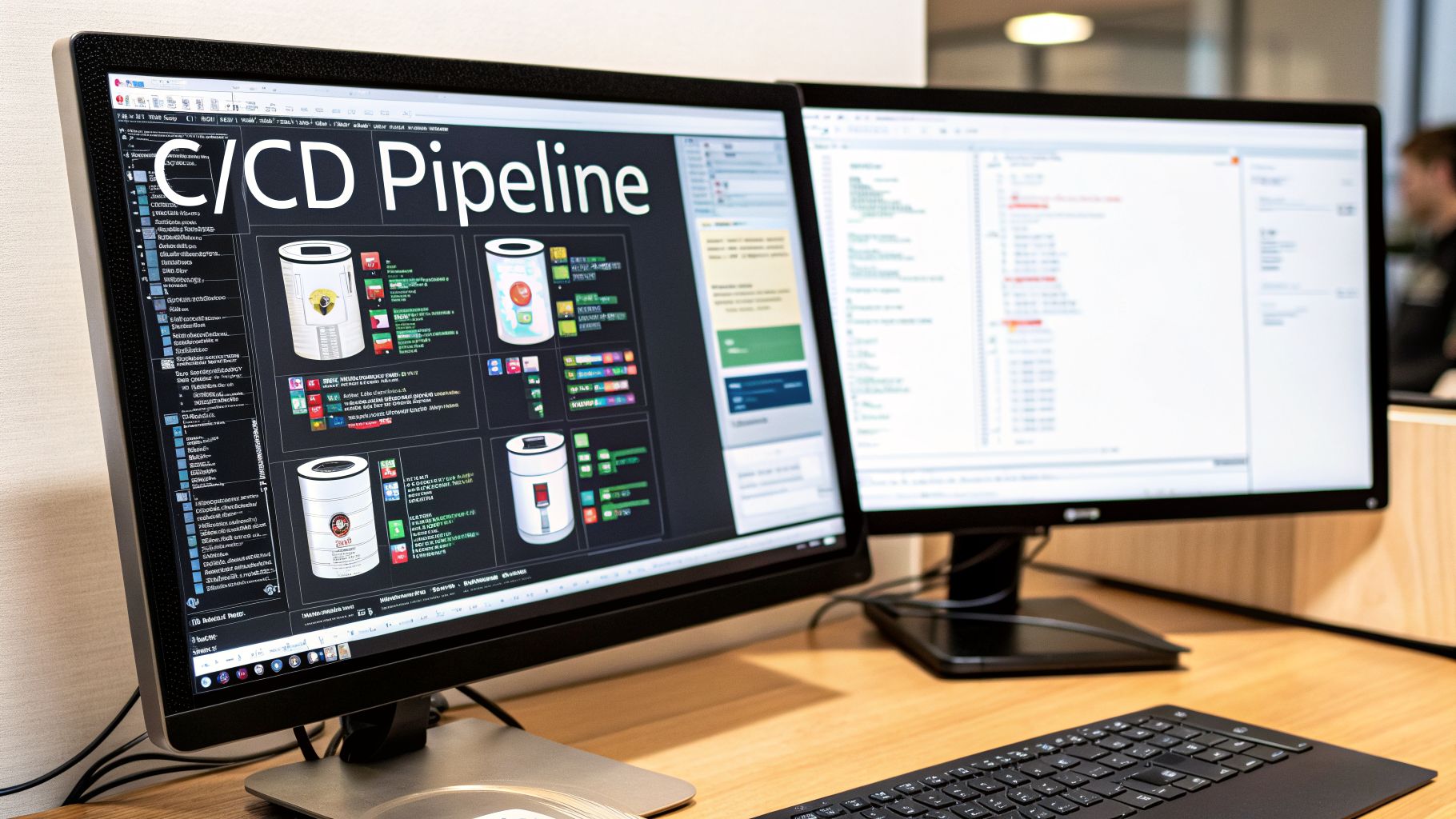 Two computer monitors displaying a CI/CD pipeline diagram and code in a modern office.