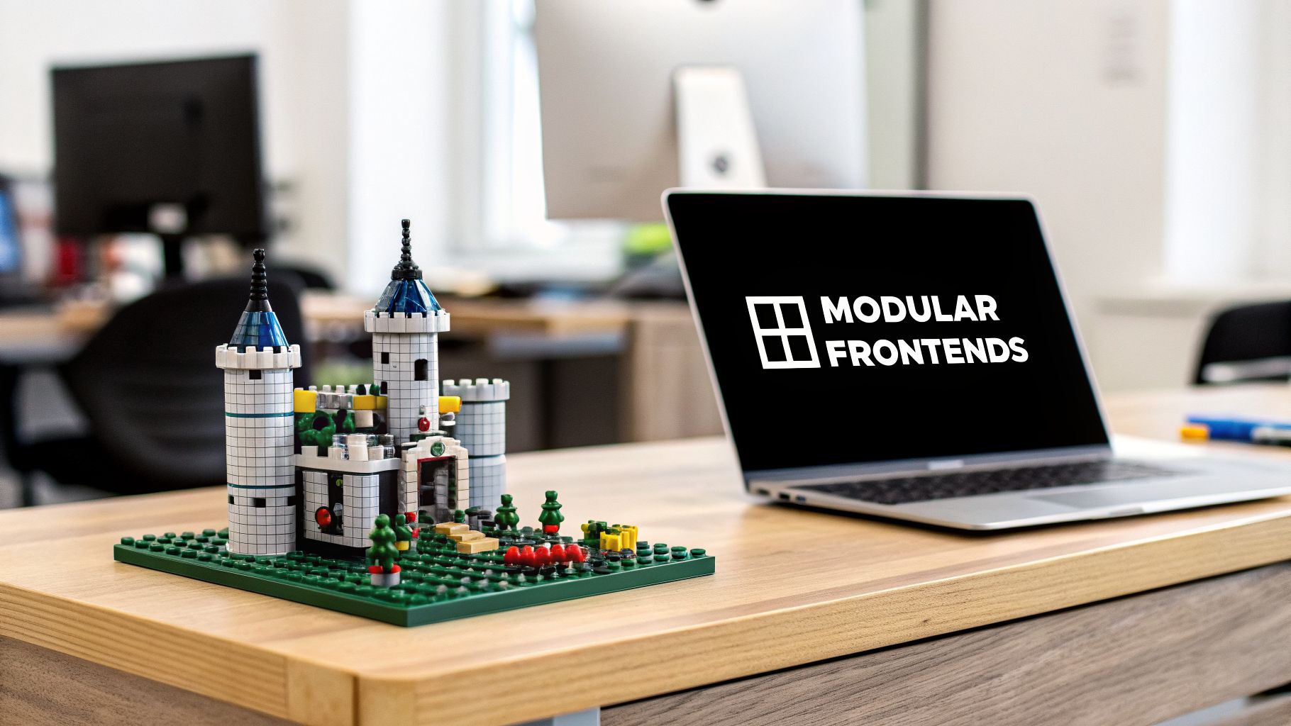 Office desk with a detailed Lego castle model and a laptop showing "MODULAR FRONENDS".