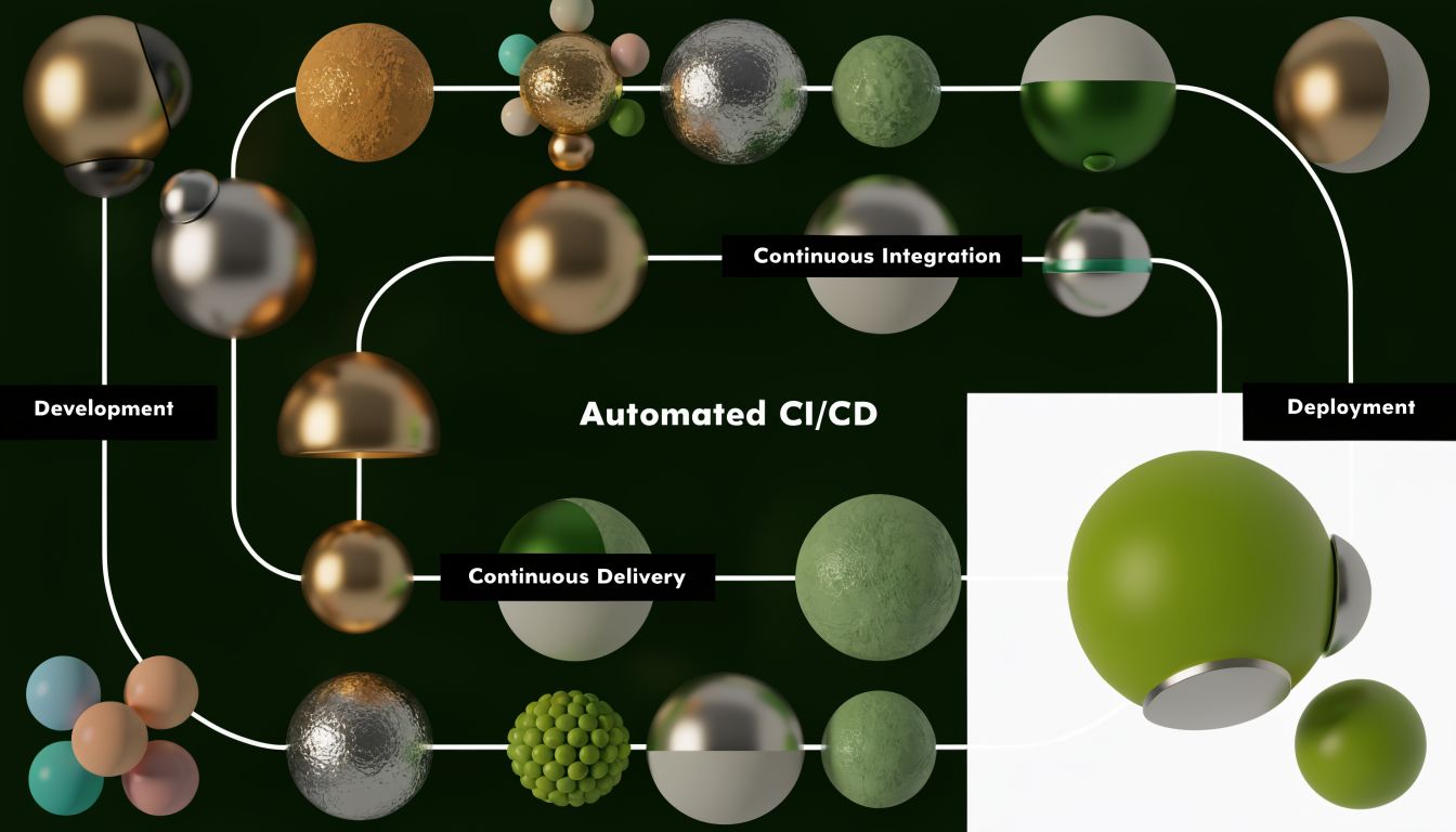 A 3D abstract visualization of the automated CI/CD pipeline featuring interconnected spheres representing software development stages.