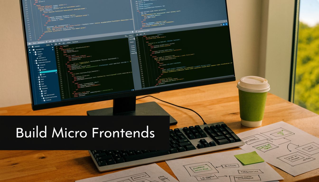 A clean workstation featuring a computer monitor displaying programming code and a coffee cup on a desk.