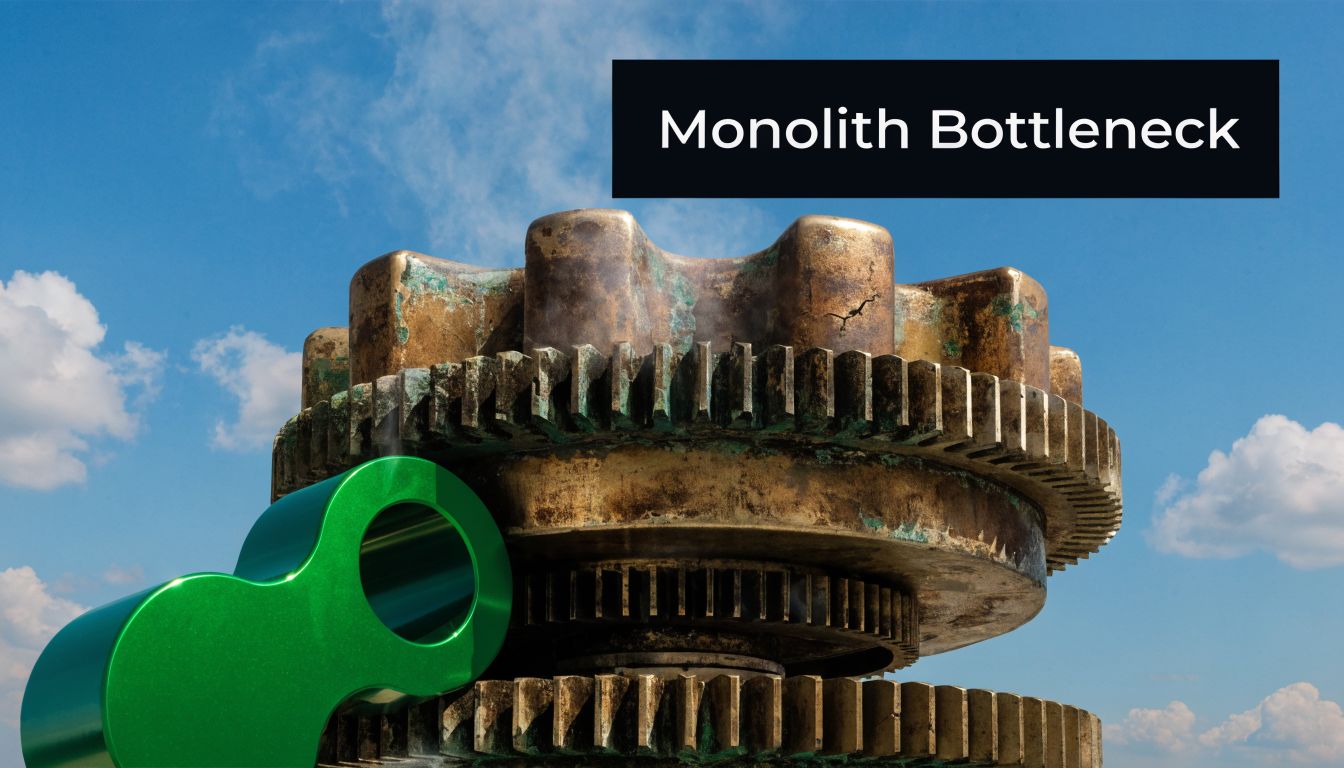 A large, weathered bronze gear symbolizing a monolith being blocked by a modern green machine part.