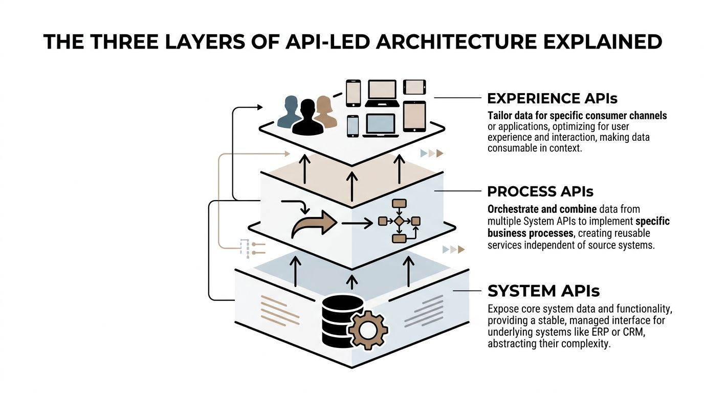 A diagram illustrating the three layers of API-led connectivity: Experience APIs, Process APIs, and System APIs.