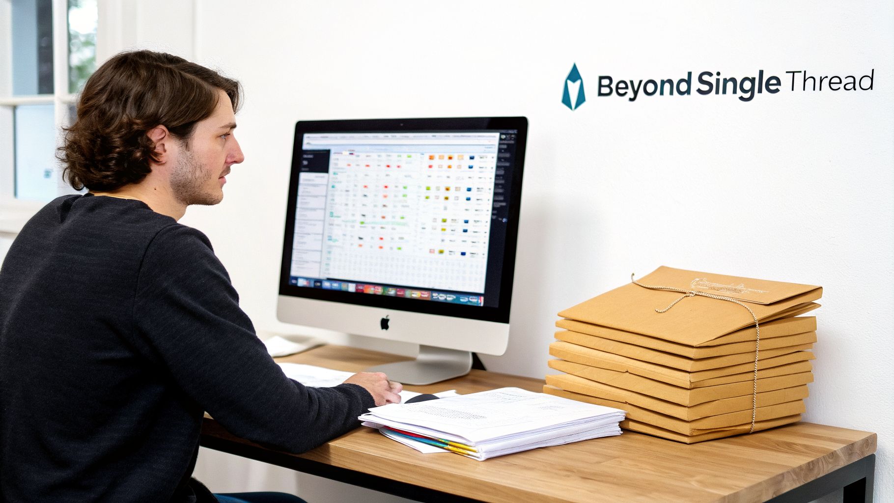 A man in a dark sweater works at a desktop computer, with papers and envelopes on a wooden desk.
