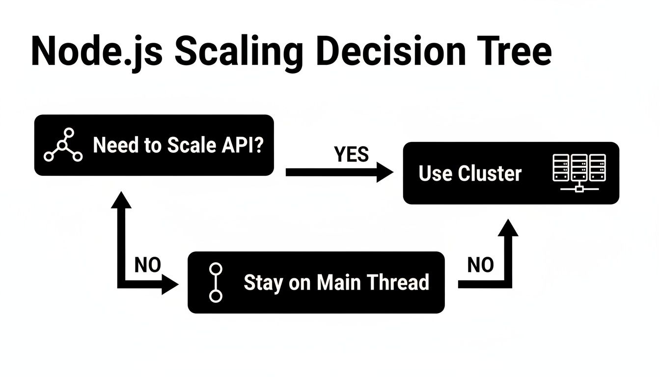Node.js scaling decision tree showing when to use clusters versus staying on the main thread.
