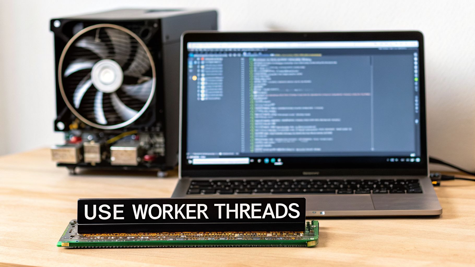 A 'USE WORKER THREADS' sign on a circuit board, with a laptop showing code and a computer tower in the background.