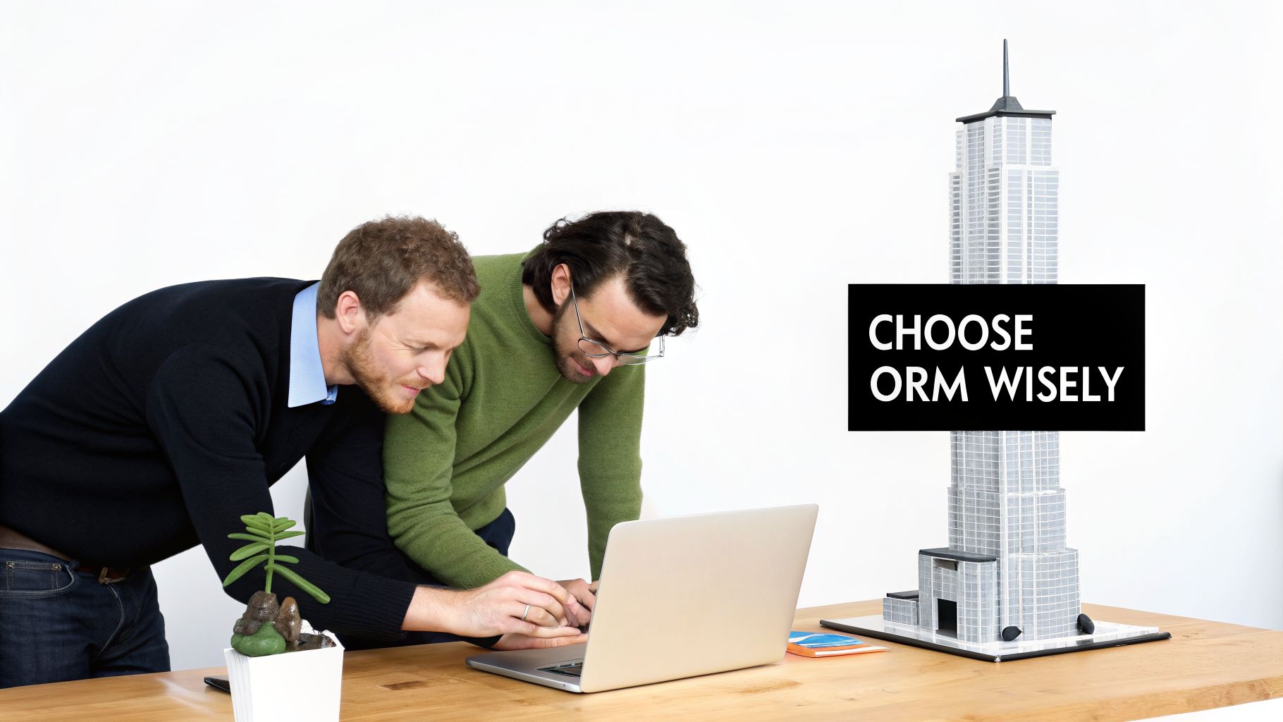 Two men collaborate on a laptop on a wooden desk with a skyscraper model and a plant.