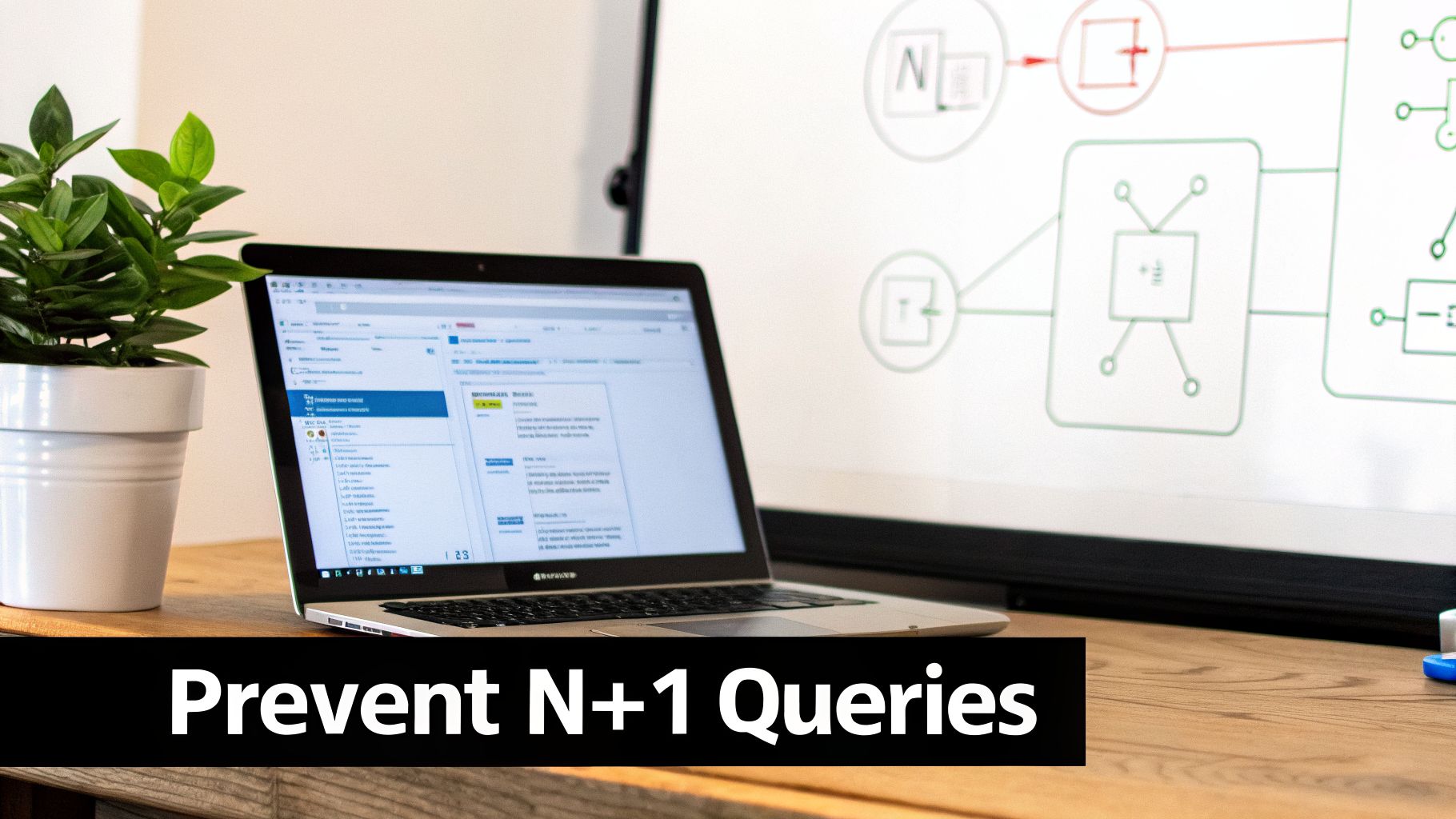 A laptop on a desk next to a plant, with a whiteboard diagram and 'Prevent N+1 Queries' text.