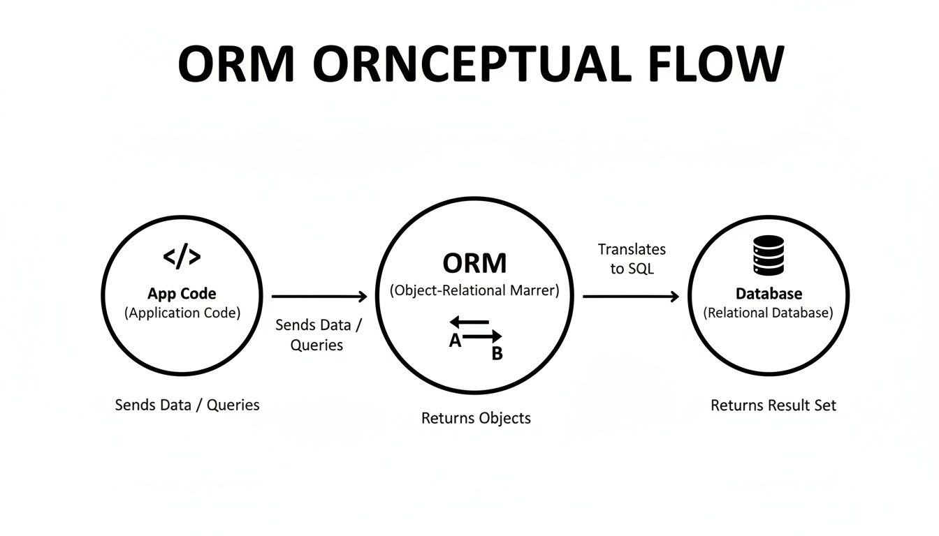 Flow diagram illustrating how an ORM translates application code queries to SQL for a relational database.