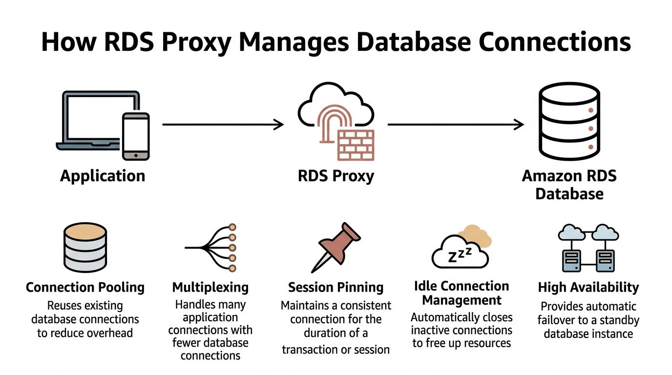 A diagram illustrating how Amazon RDS Proxy manages database connections using pooling, multiplexing, and automated failover capabilities.