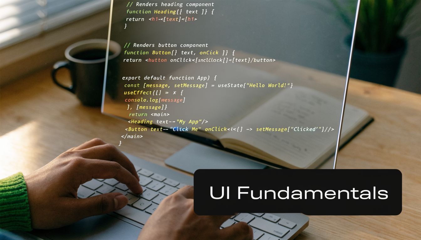 A person writing React code on a laptop screen with UI Fundamentals displayed on a card.