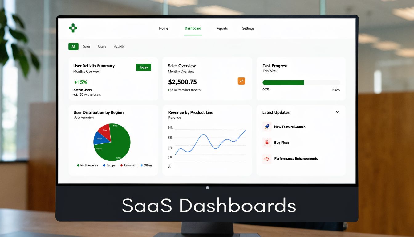 A modern computer screen displaying a clean SaaS dashboard interface with analytics charts and performance metrics.
