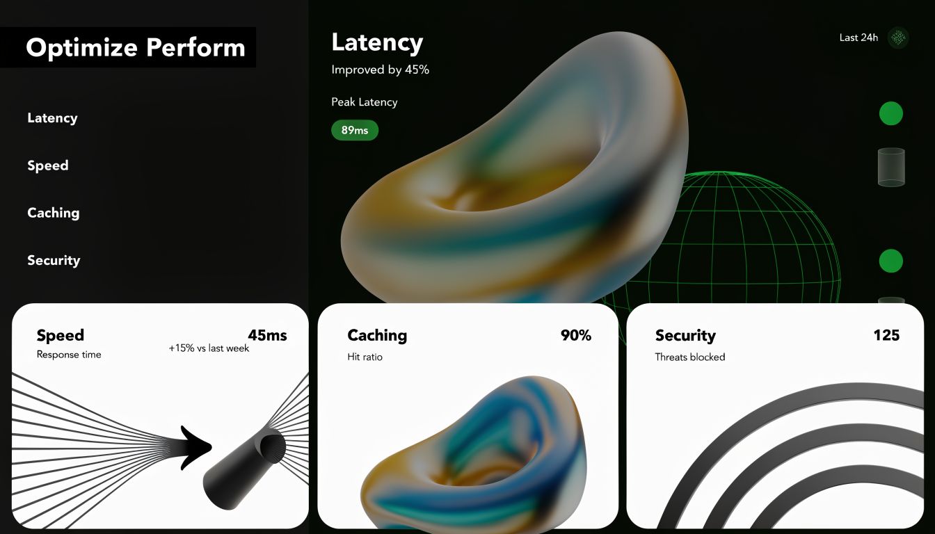 Dashboard showing performance metrics for latency, speed, caching, and security in a modern web analytics interface.