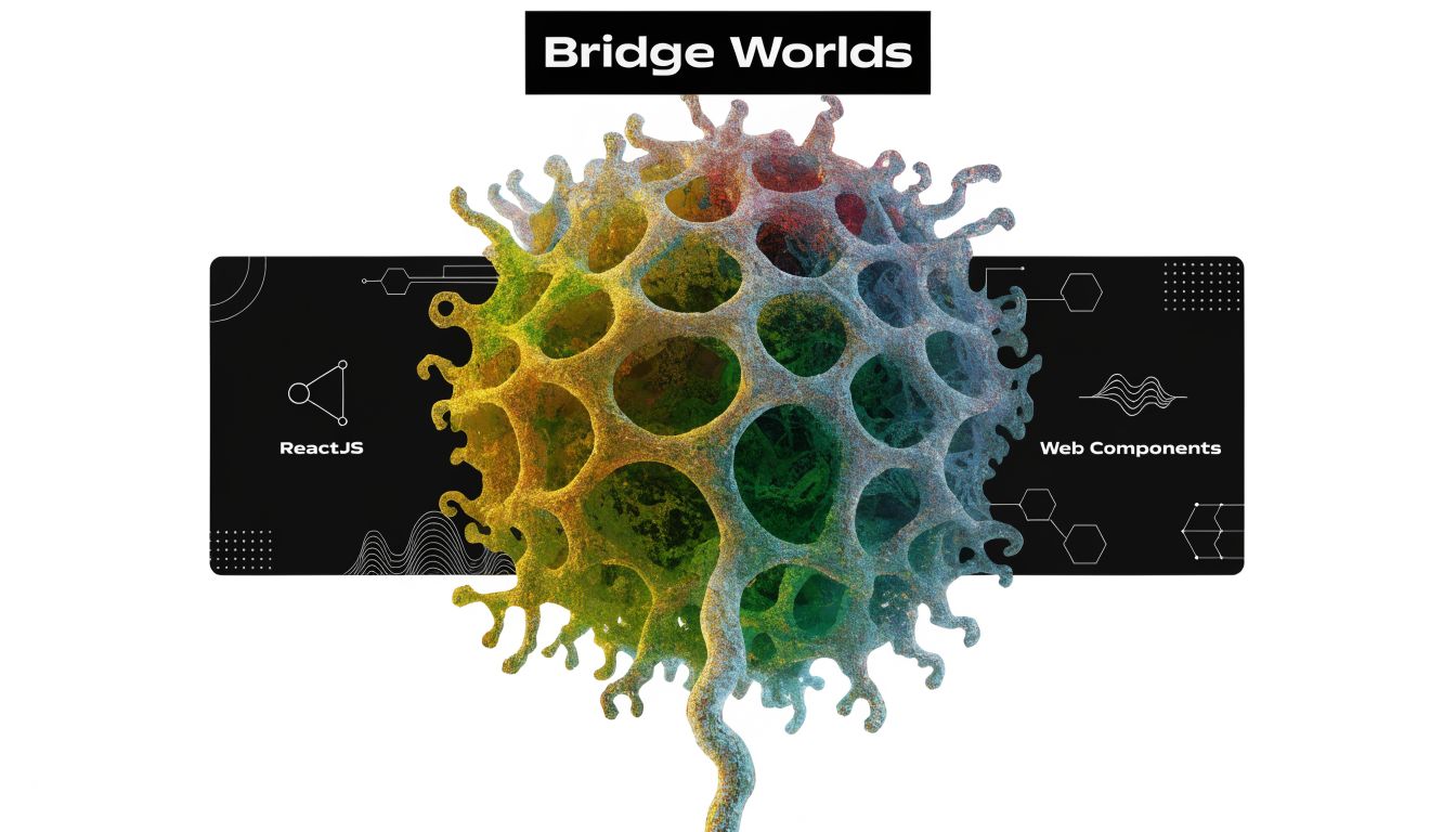 A conceptual digital art piece connecting ReactJS and Web Components with a colorful, intricate, sponge-like organic structure.
