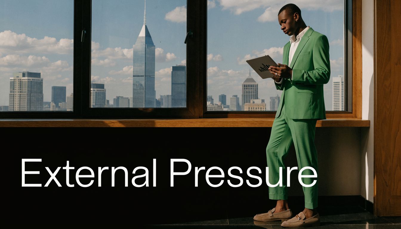 A professional man in a green suit stands by a window looking at his digital tablet.