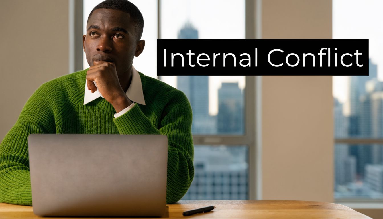 A contemplative man sitting at a desk with a laptop, reflecting on the concept of internal conflict.