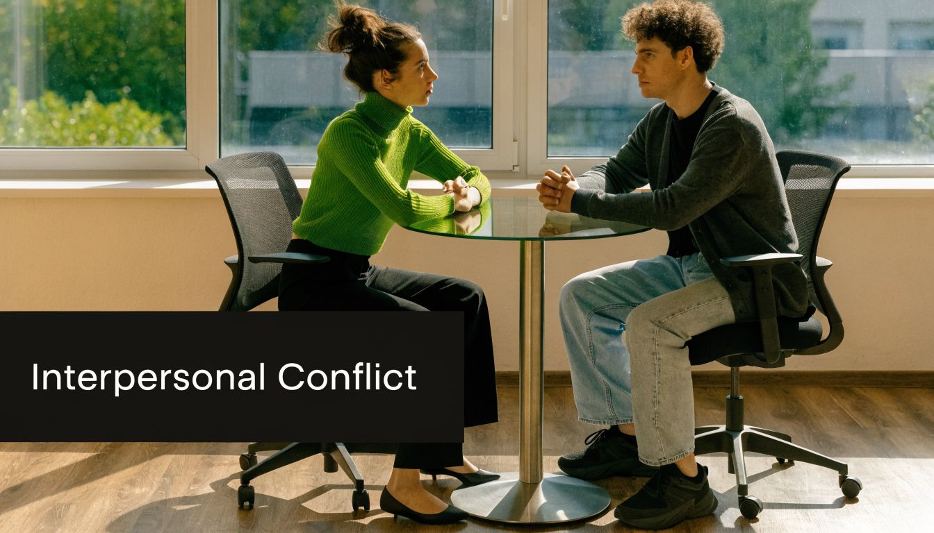 A man and a woman sitting at a table having a serious conversation about interpersonal conflict.