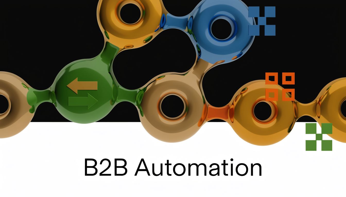 A 3D graphic showing interconnected golden and blue shapes representing B2B automation and digital business processes.