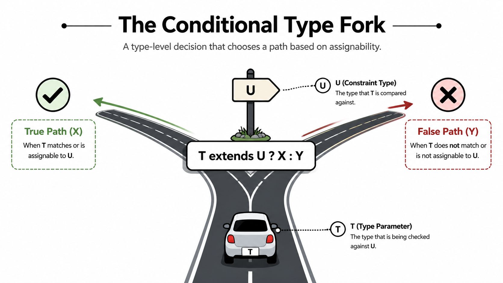 An illustrative diagram explaining TypeScript conditional types with a fork in the road metaphor for selection.