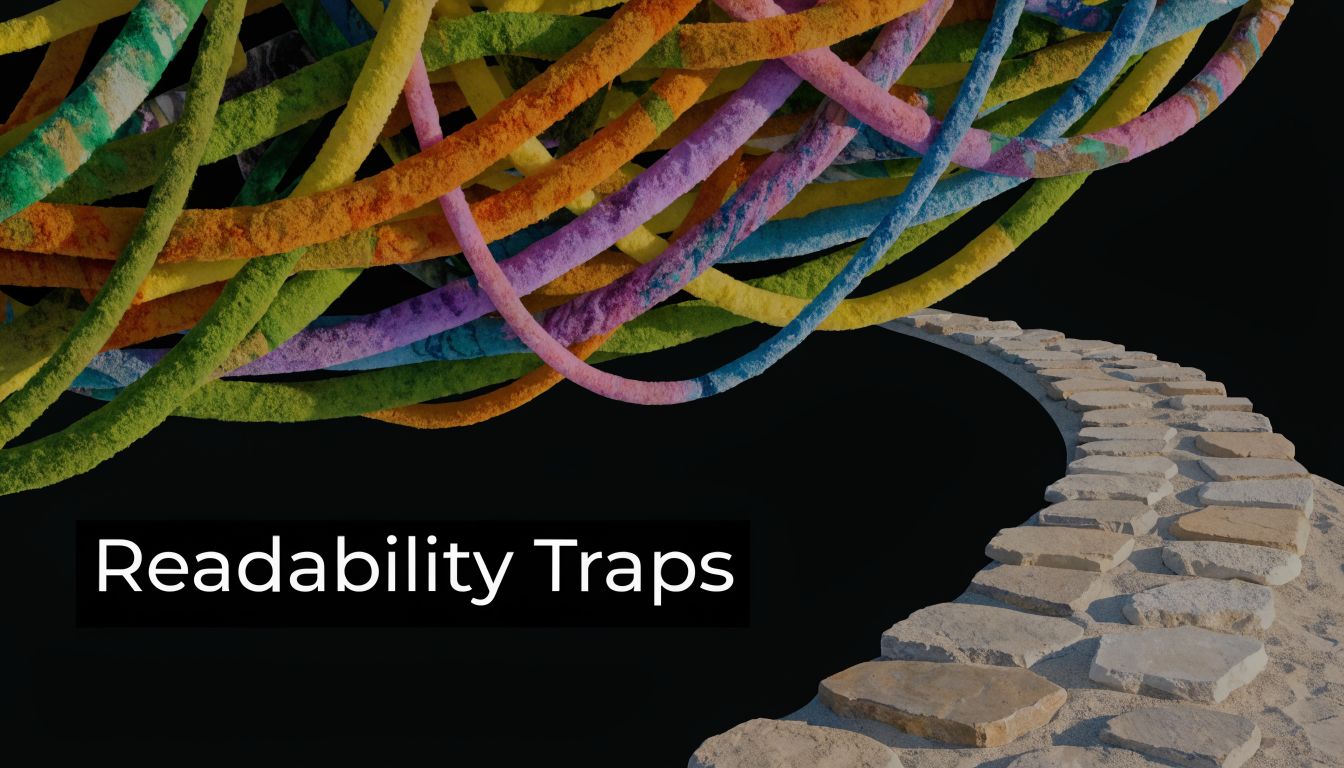 A path made of stones leading toward a complex knot of colorful textured tubes against black.