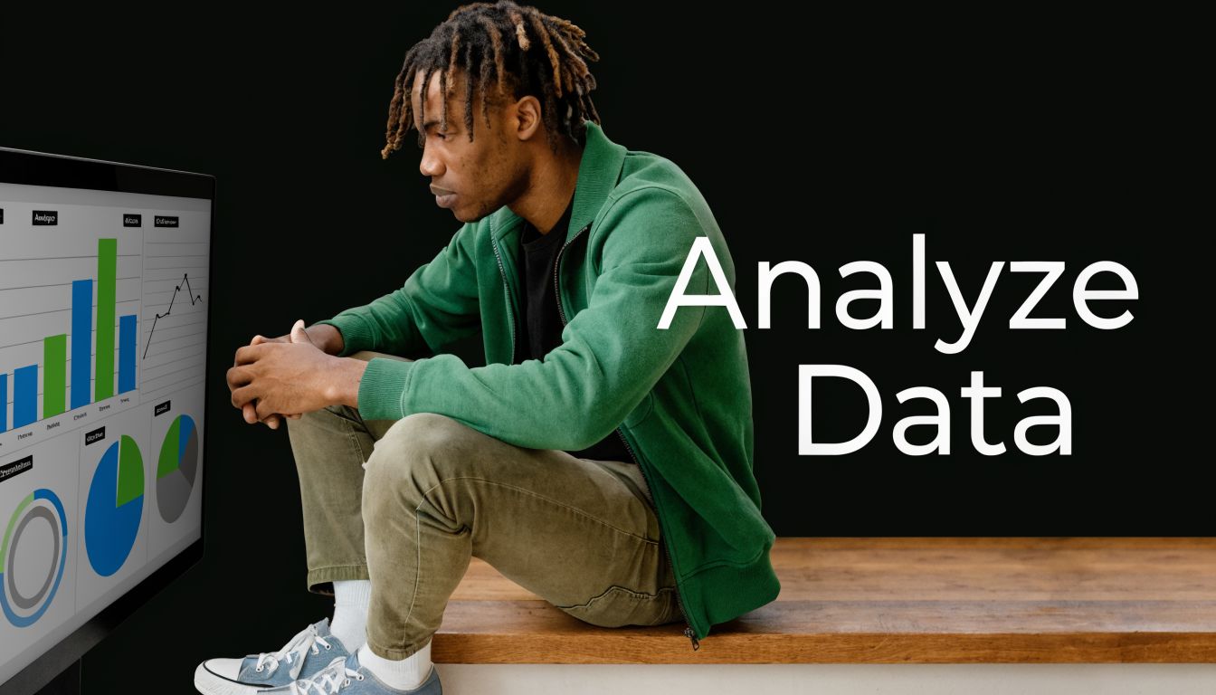 A young man with dreadlocks sitting on a wooden bench while analyzing data on a computer screen.