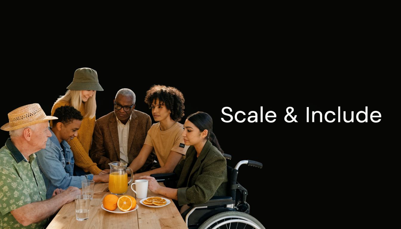 A diverse group of people of varying ages and abilities sitting together around a wooden table.