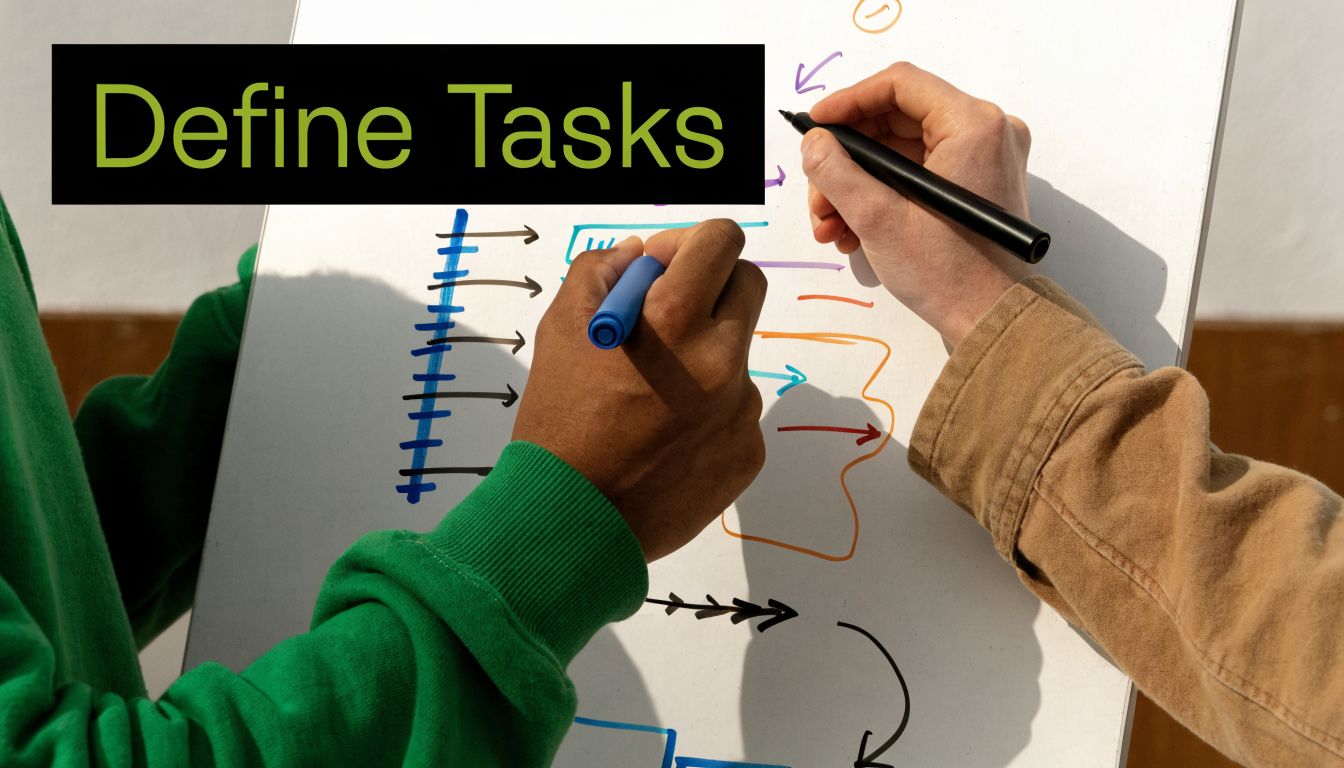 Two people working together to plan tasks by drawing a flowchart on a white whiteboard surface.