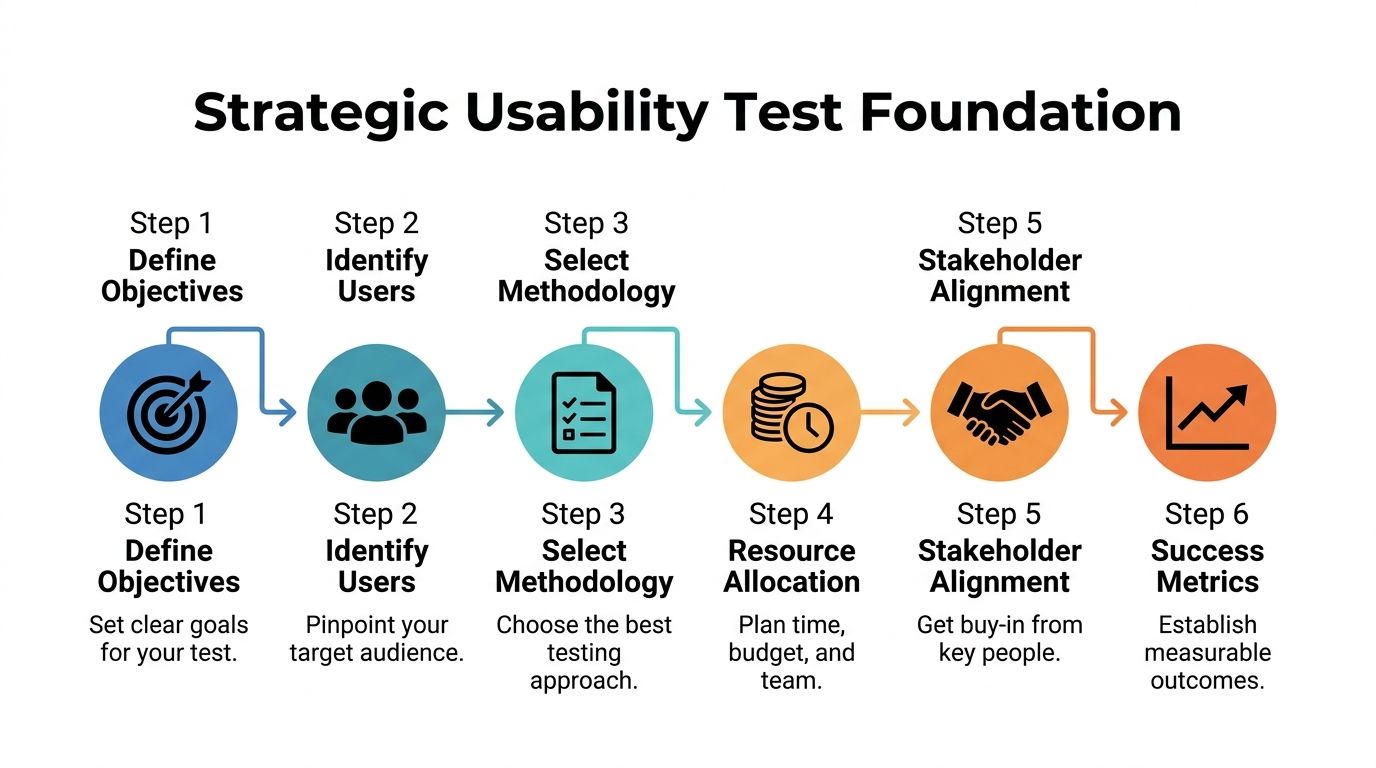 A six-step infographic showing the Strategic Usability Test Foundation process from defining objectives to establishing success metrics.