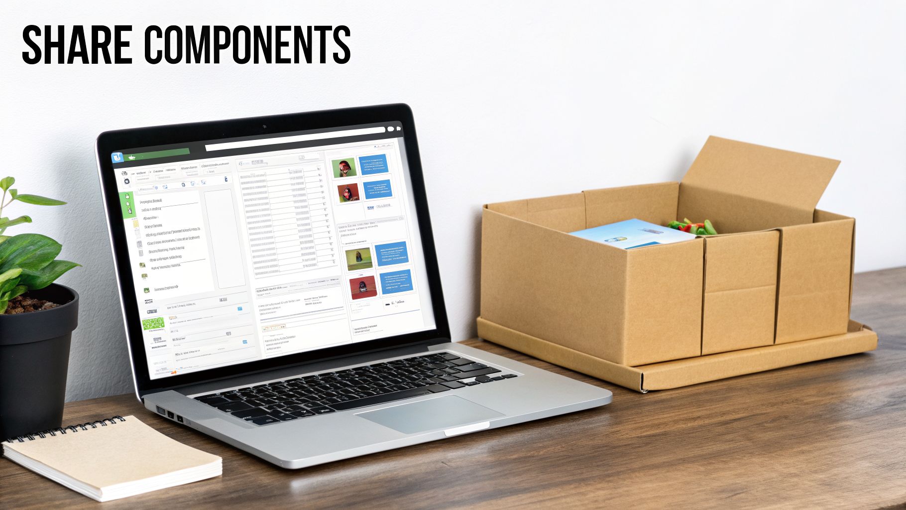Laptop displaying a component sharing interface on a wooden desk with a cardboard box and plant.