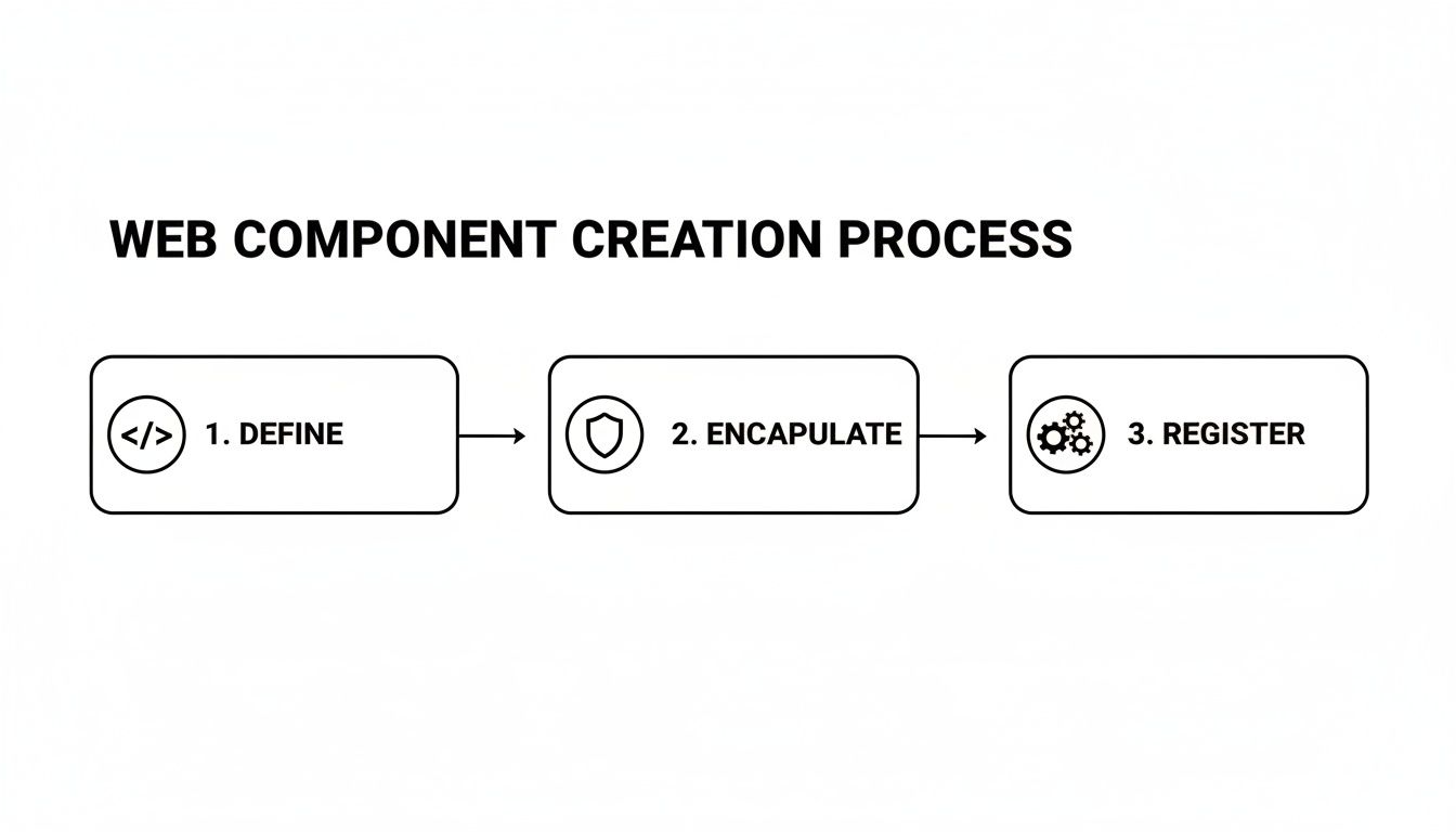 Flowchart outlining the three-step web component creation process: Define, Encapsulate, and Register.