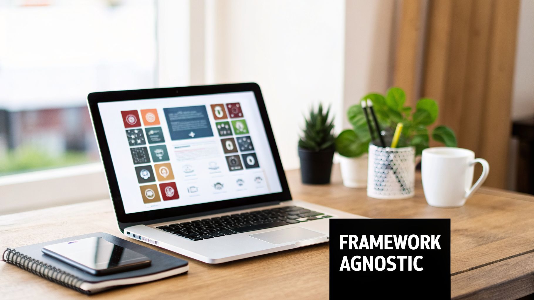 A modern workspace with a laptop displaying web content, a smartphone, plants, and a coffee mug.