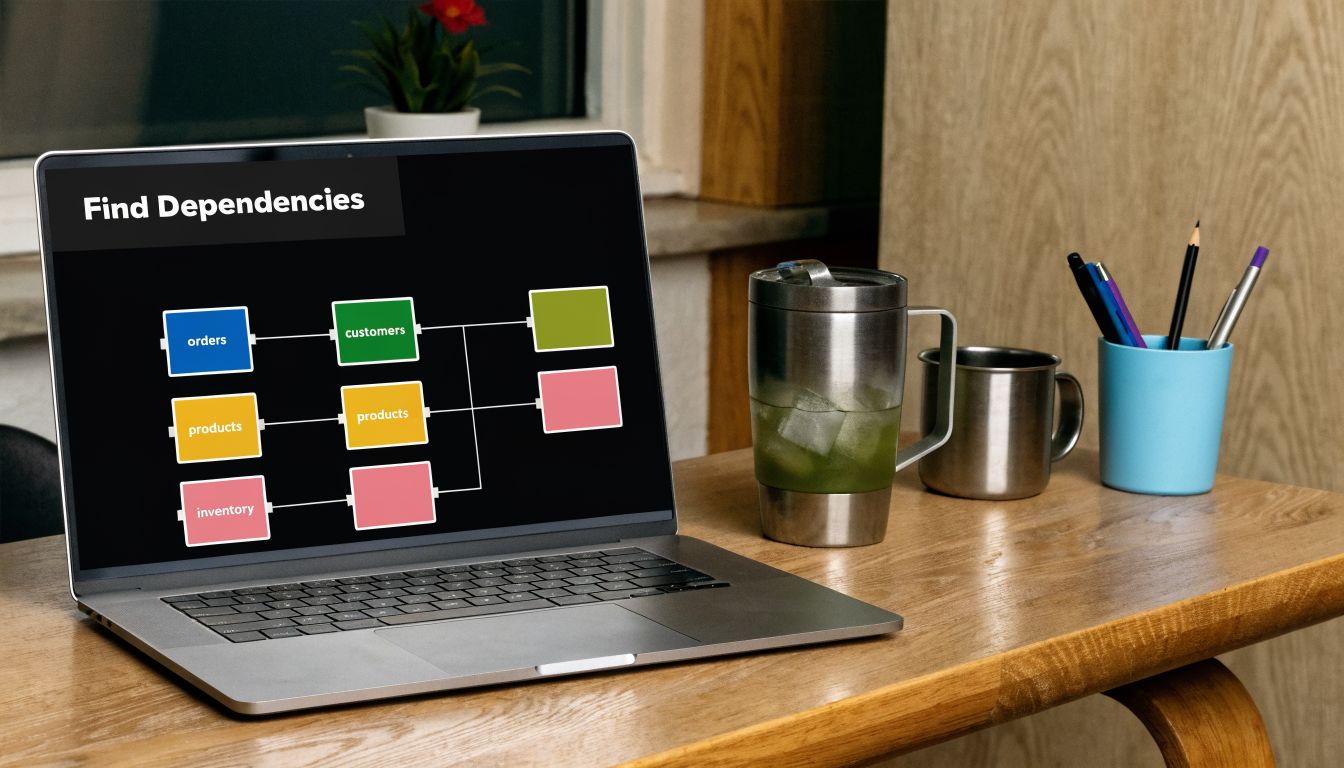 A laptop on a wooden desk displaying a diagram about database dependencies and system data relationships.
