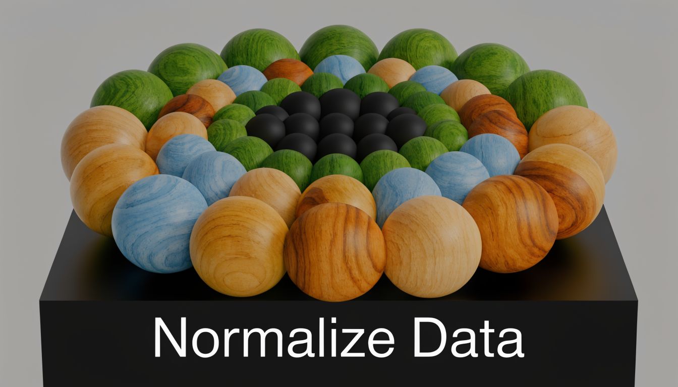A 3D render of various colored spheres arranged in a circular pattern on a black stand labeled Normalize Data.