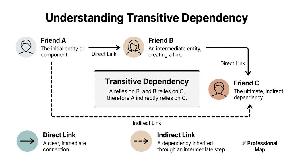 A diagram illustrating transitive dependency where Friend A relies on Friend B, who relies on Friend C.