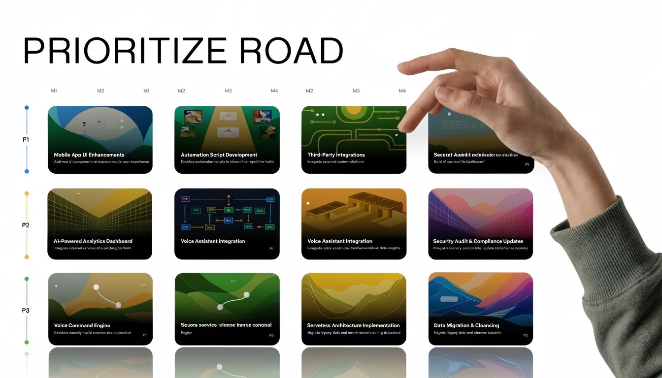 A hand points to a roadmap chart showing prioritized agile software development projects categorized by importance.