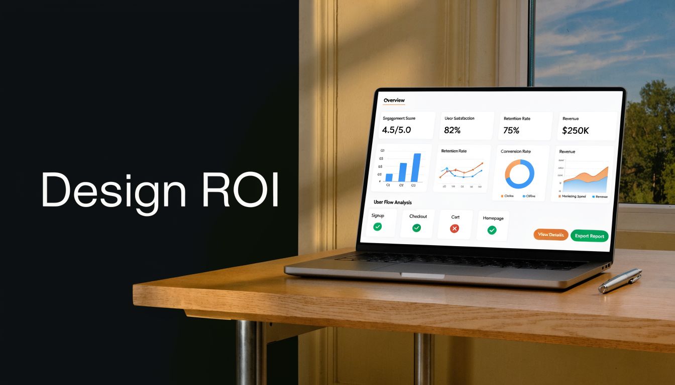 A laptop on a wooden desk displaying a dashboard with key business performance metrics and design analytics.