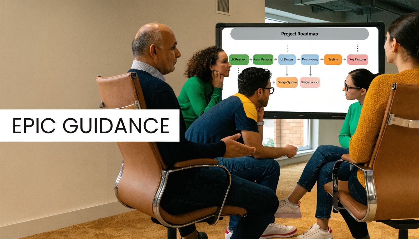 A diverse group of professionals discussing a project roadmap displayed on a large interactive screen.